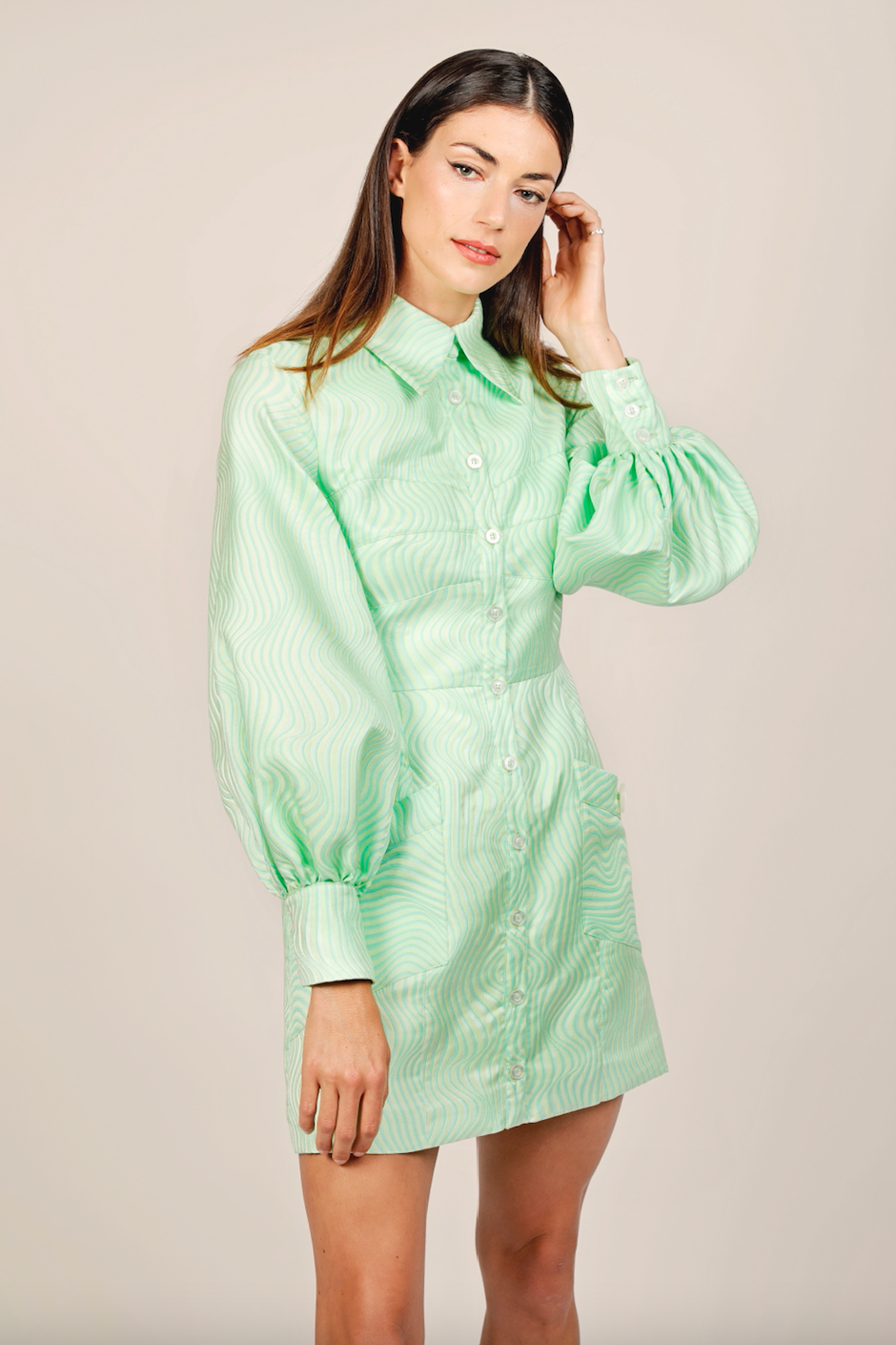 Green jacquard sleeved dress